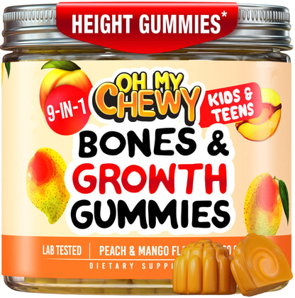 OH MY CHEWY Growth Increase Vitamin Gummies – Growth & Bone Support for Kids & Teens (Calcium, Vitamin D3, K2) Peach & Mango 60 CT