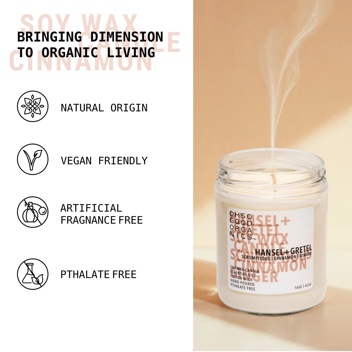 OH SO GOOD ORGANICS Cinnamon & Ginger Scented Soy Candle – 16oz, 60 Hours, Hansel and Gretel’s House