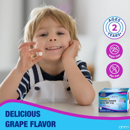 Ohm Children's Allergy Medicine Loratadine 5 mg Chewable Tablets – Grape Flavor, Non-Drowsy, 24-Hour Relief (30 Count)