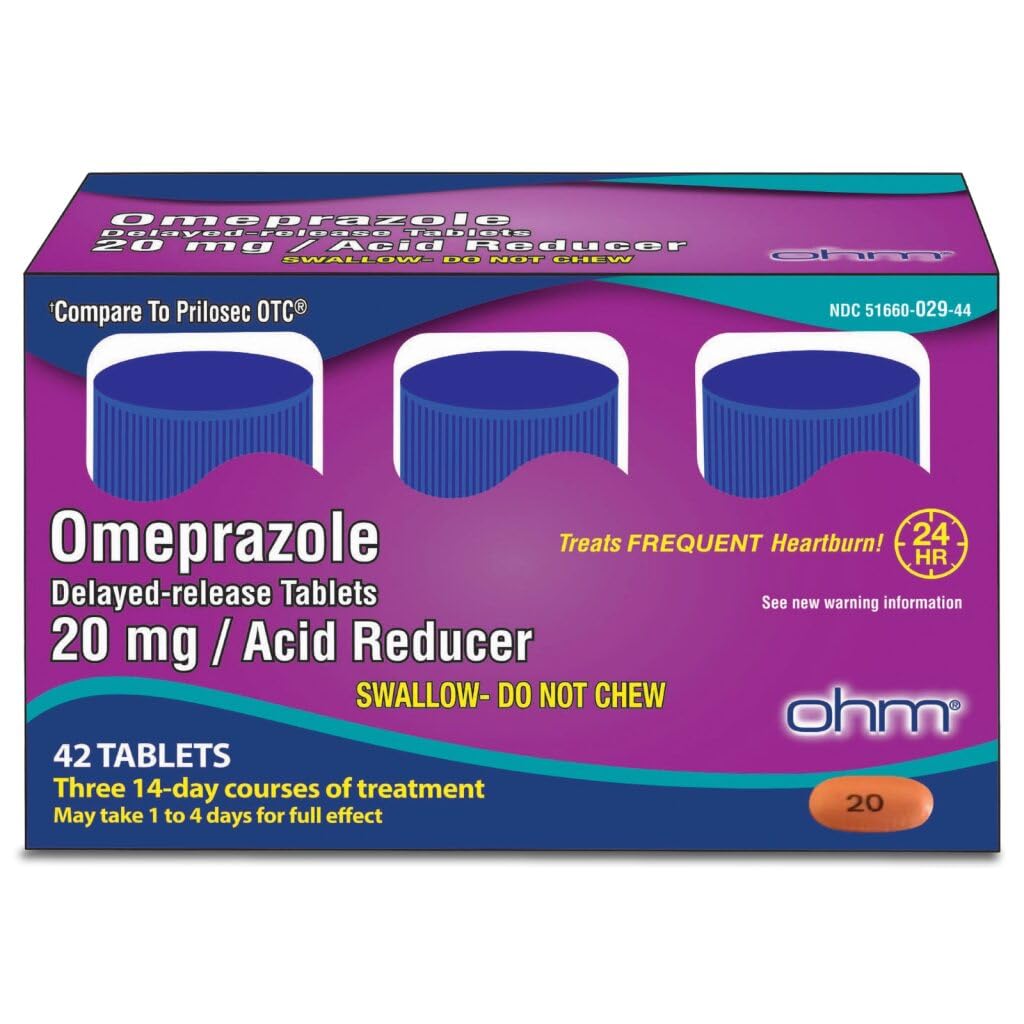 Ohm Omeprazole 20mg Delayed-Release Tablets | 84-Count, 12 Weeks of Heartburn Support