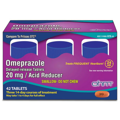 Ohm Omeprazole 20mg Delayed-Release Tablets | 84-Count, 12 Weeks of Heartburn Support