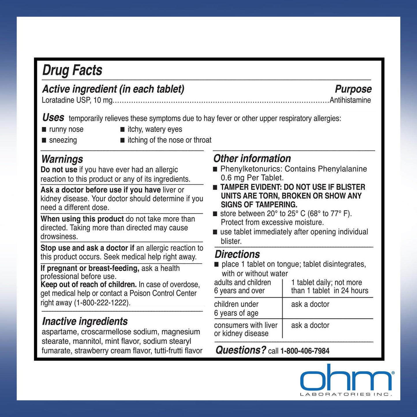 Ohm Allergy Pills Loratadine 10 mg – 24-Hour Non-Drowsy Allergy Relief (100 Count)