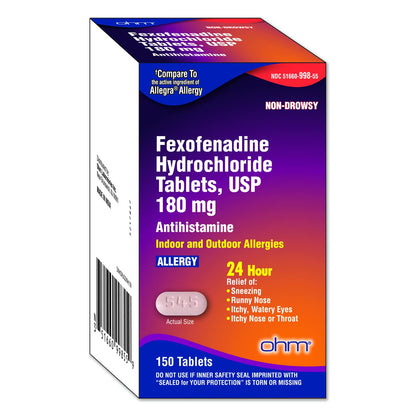 Ohm Allergy Medicine Fexofenadine 180mg – 150 Count | 24-Hour Non-Drowsy Indoor & Outdoor Allergy Relief