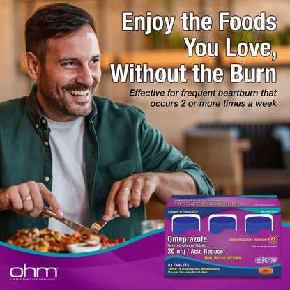 Ohm Omeprazole 20mg Delayed-Release Tablets | 84-Count, 12 Weeks of Heartburn Support