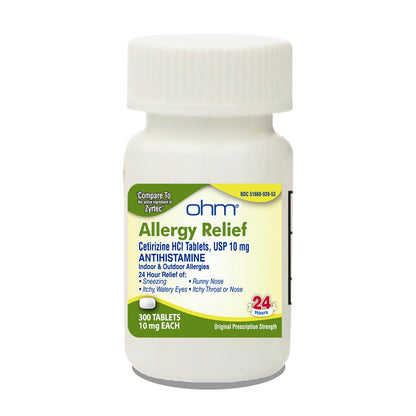 Ohm 24-Hour Cetirizine HCl 10 mg Tablets – 300 Count, All-Day Allergy Relief