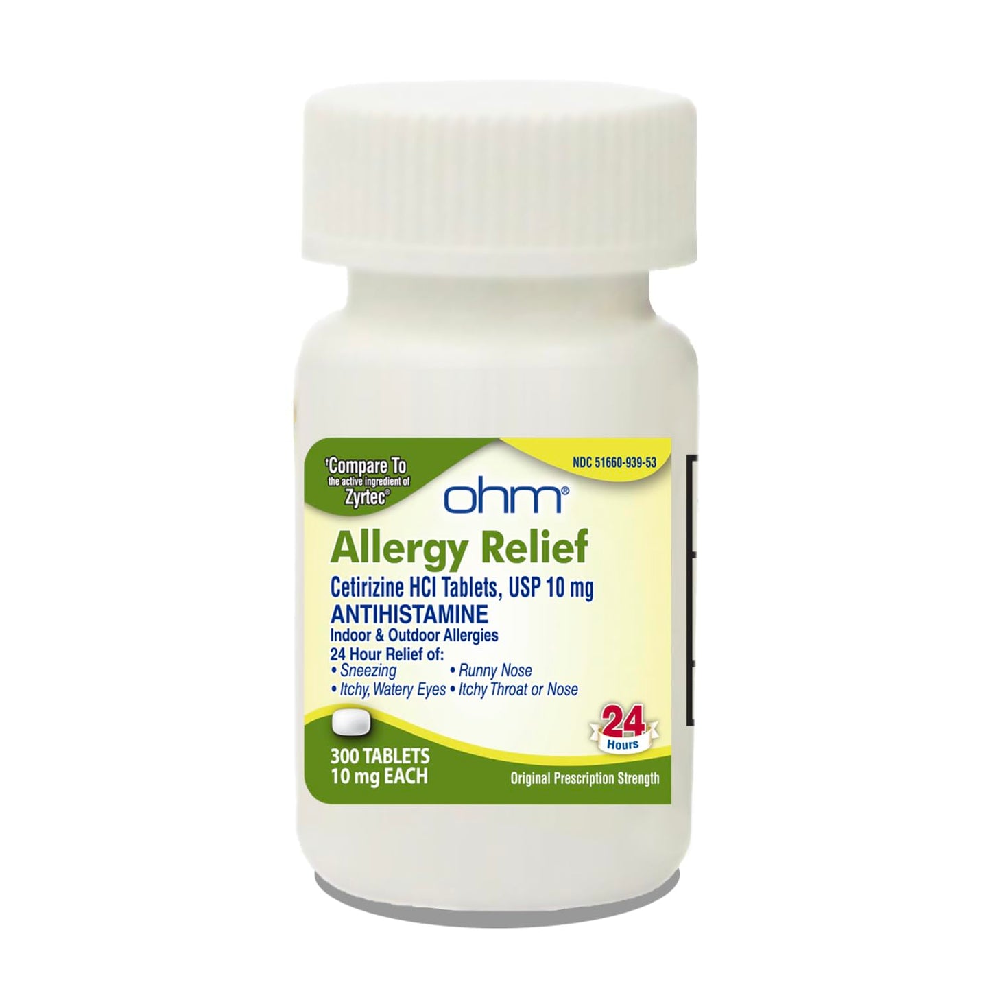 Ohm 24-Hour Cetirizine HCl 10 mg Tablets – 300 Count, All-Day Allergy Relief