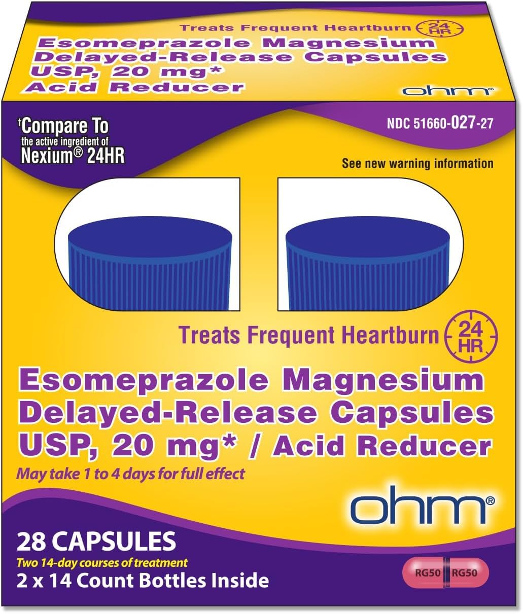 Ohm Esomeprazole Magnesium 20mg Delayed-Release Capsules | 24-Hour Heartburn Relief (28 Count)