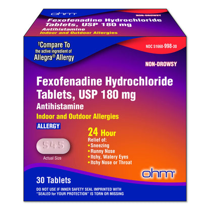 Ohm Non-Drowsy Fexofenadine 180mg Allergy Relief Tablets 30 Count – Indoor & Outdoor