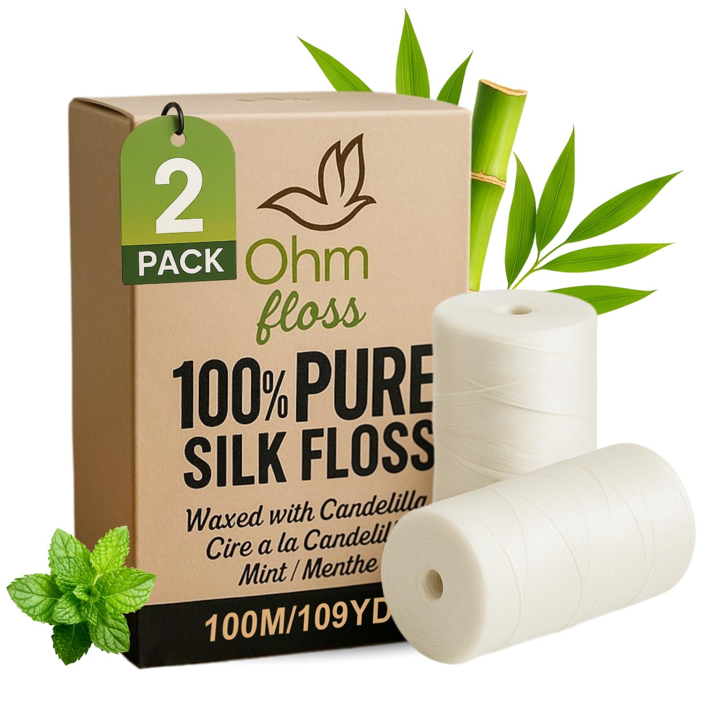 Ohm Floss Refill – 100% Silk, Natural Mint, Vegan Wax (110 yds)