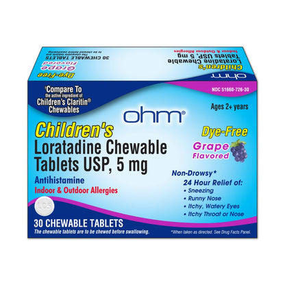 Ohm Children's Allergy Medicine Loratadine 5 mg Chewable Tablets – Grape Flavor, Non-Drowsy, 24-Hour Relief (30 Count)