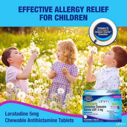 Ohm Children's Allergy Medicine Loratadine 5 mg Chewable Tablets – Grape Flavor, Non-Drowsy, 24-Hour Relief (30 Count)