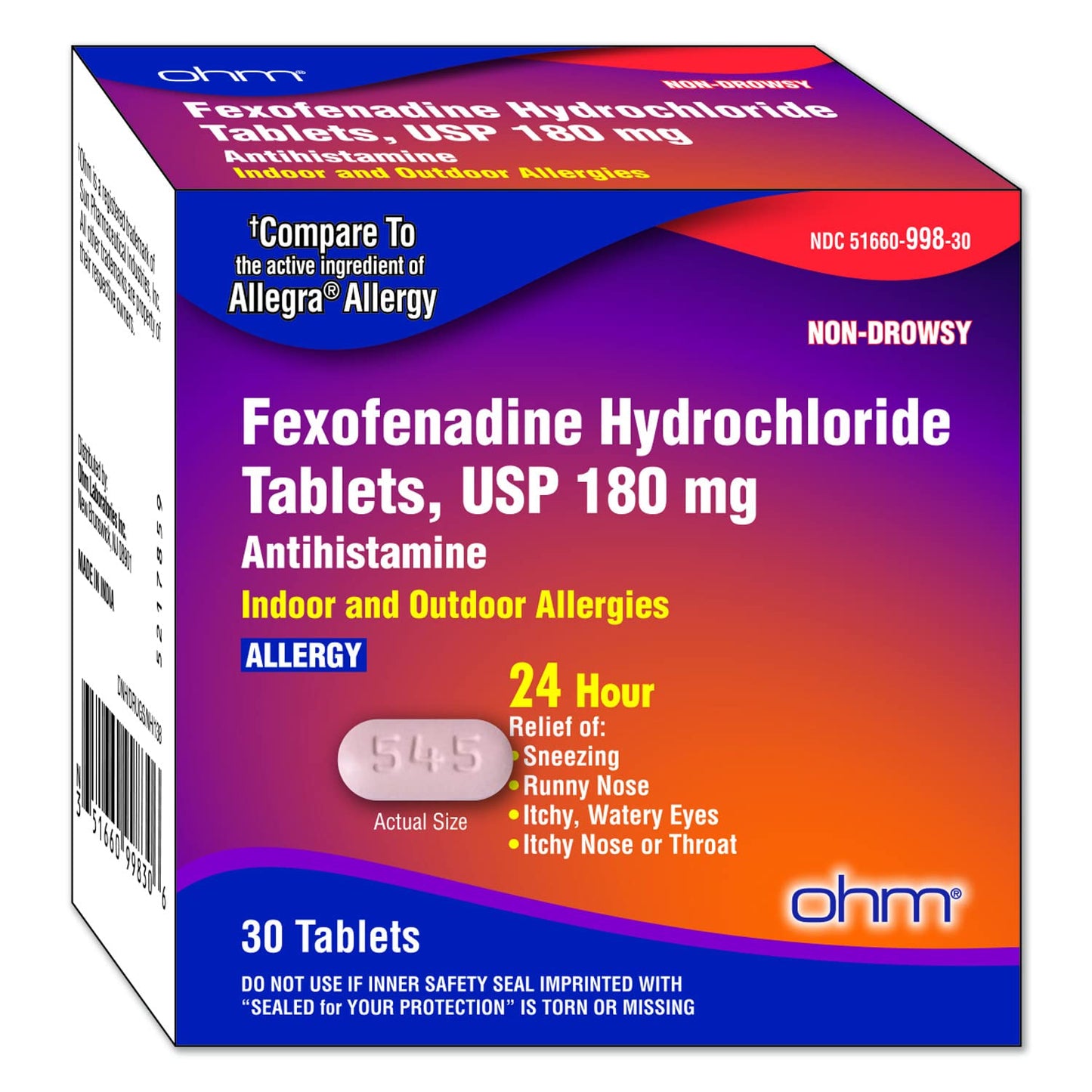 Ohm Non-Drowsy Fexofenadine 180mg Allergy Relief Tablets 30 Count – Indoor & Outdoor