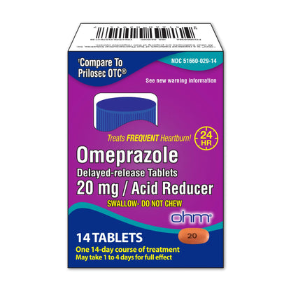 Ohm Omeprazole 20mg – 14-Tablet Delayed-Release Acid Reducer for 24-Hour Heartburn Relief