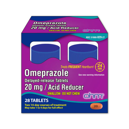 Ohm Omeprazole 20mg Delayed-Release Tablets – 28 Count Heartburn Relief