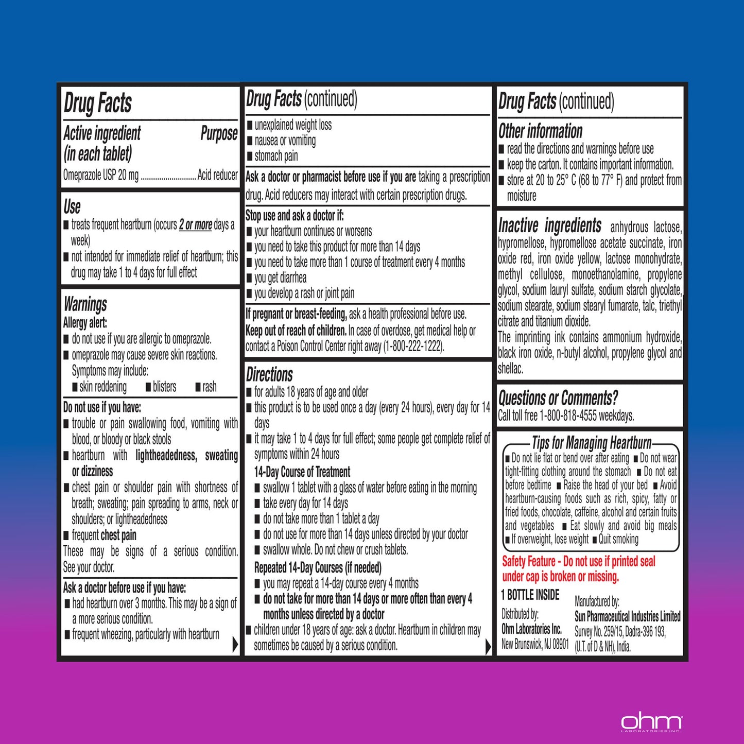 Ohm Omeprazole 20mg – 14-Tablet Delayed-Release Acid Reducer for 24-Hour Heartburn Relief