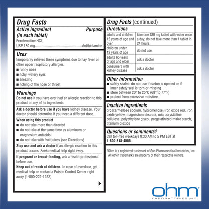 Ohm Non-Drowsy Fexofenadine 180mg Allergy Relief Tablets 30 Count – Indoor & Outdoor