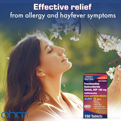 Ohm Allergy Medicine Fexofenadine 180mg – 150 Count | 24-Hour Non-Drowsy Indoor & Outdoor Allergy Relief