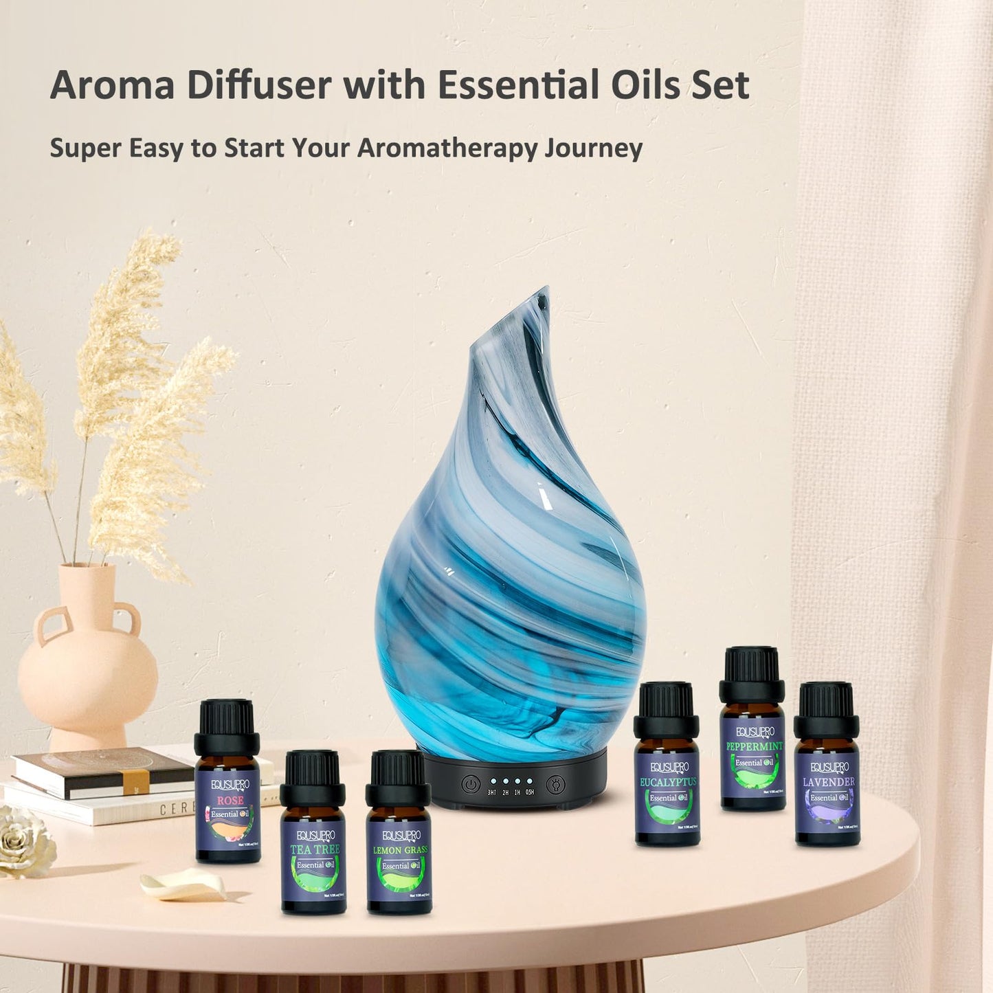 Oil Diffuser & Essential Oils Set | Ultrasonic Aromatherapy Diffuser with 6 Oils, 4 Timer & 7 LED Lights