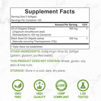 Oil of Oregano Softgels with Black Seed Oil – 300 Count (30:1 Extract) | Carvacrol & Thymoquinone – Antioxidant Immune Support – Plant Based, Non-GMO