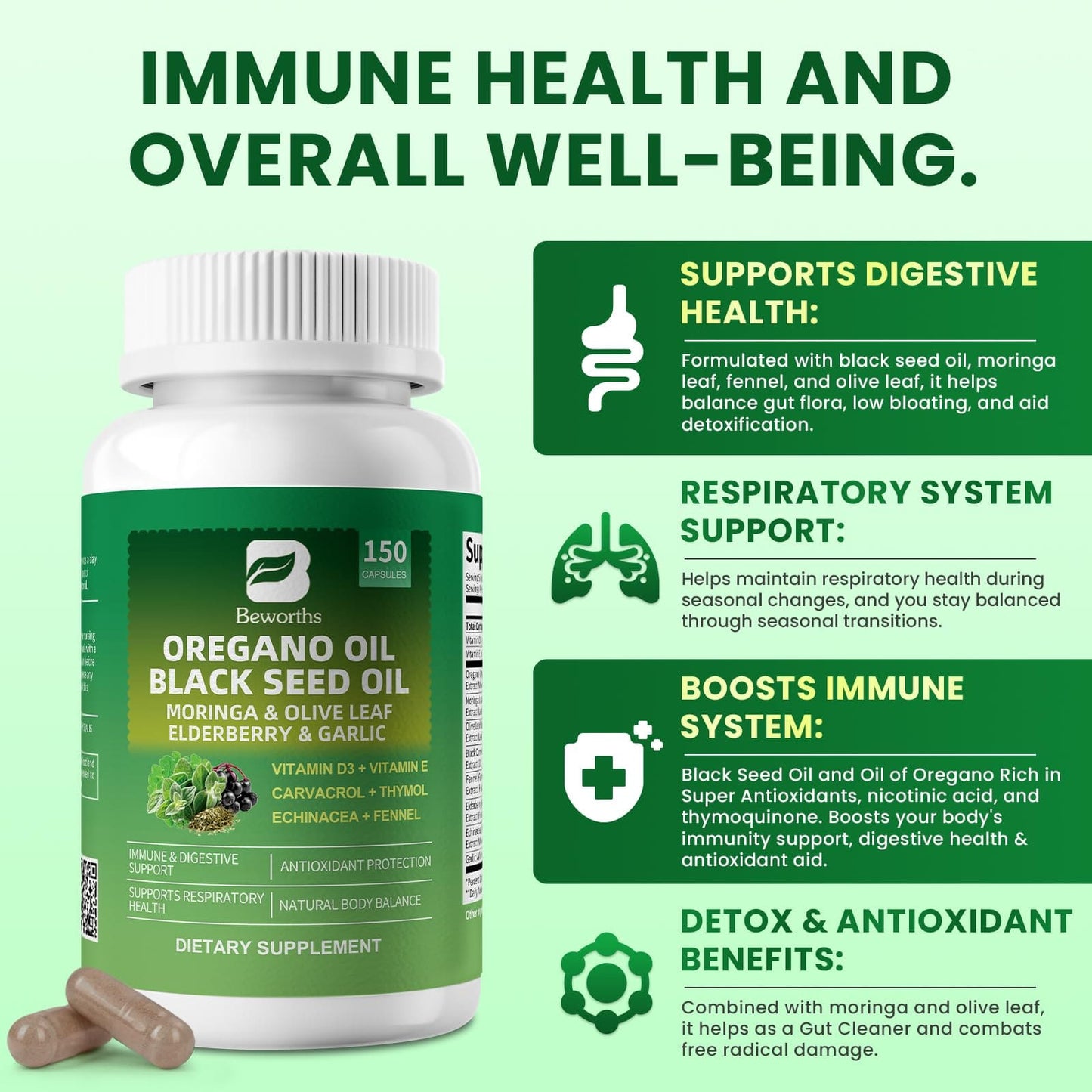 Oil of Oregano with Black Seed Oil Capsules Organic - Immune, Gut & Respiratory Support | 150 Ct
