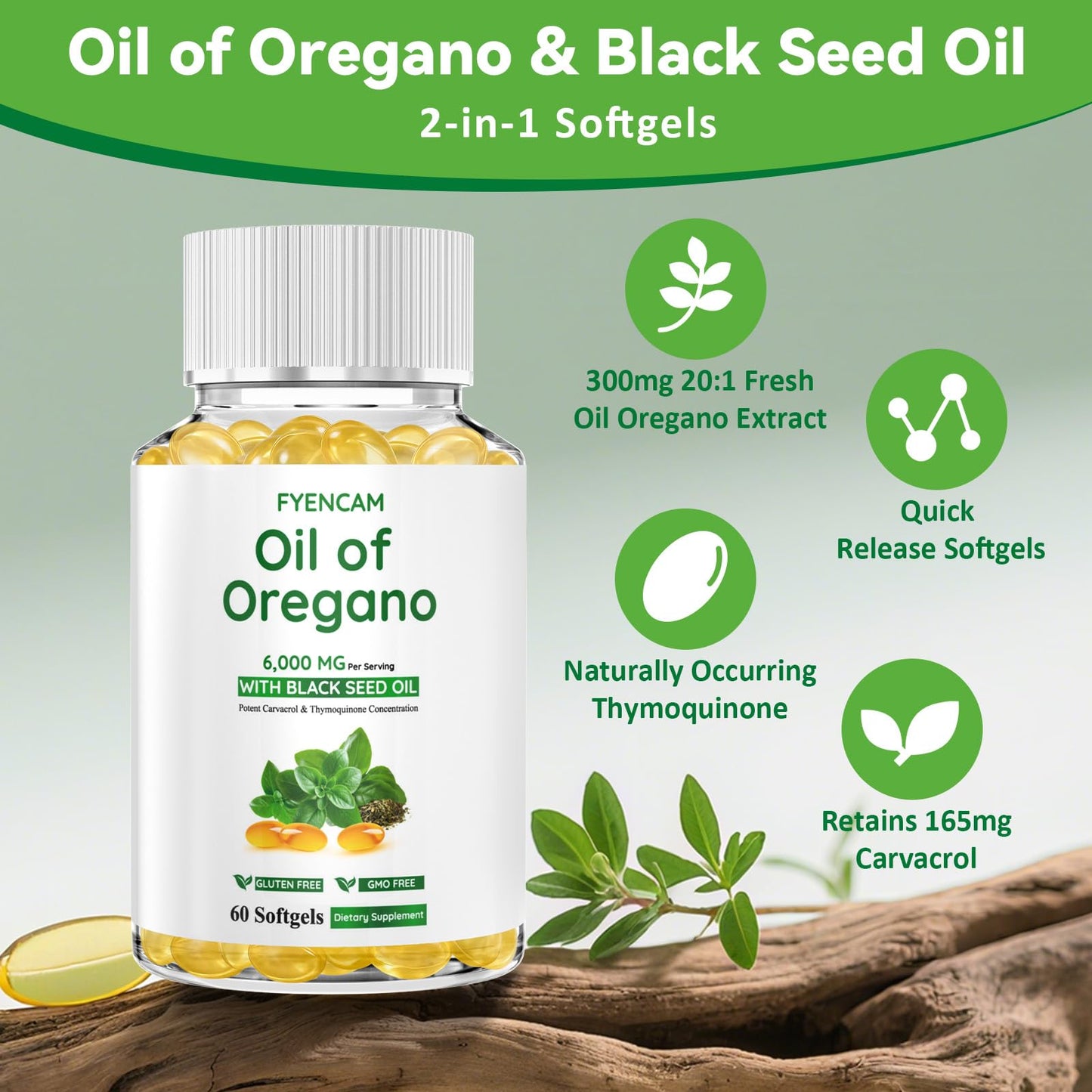 Oil of Oregano with Black Seed Oil – 6000mg Capsules, Organic, Carvacrol & Thymoquinone, 2 Bottles (120 Softgels)