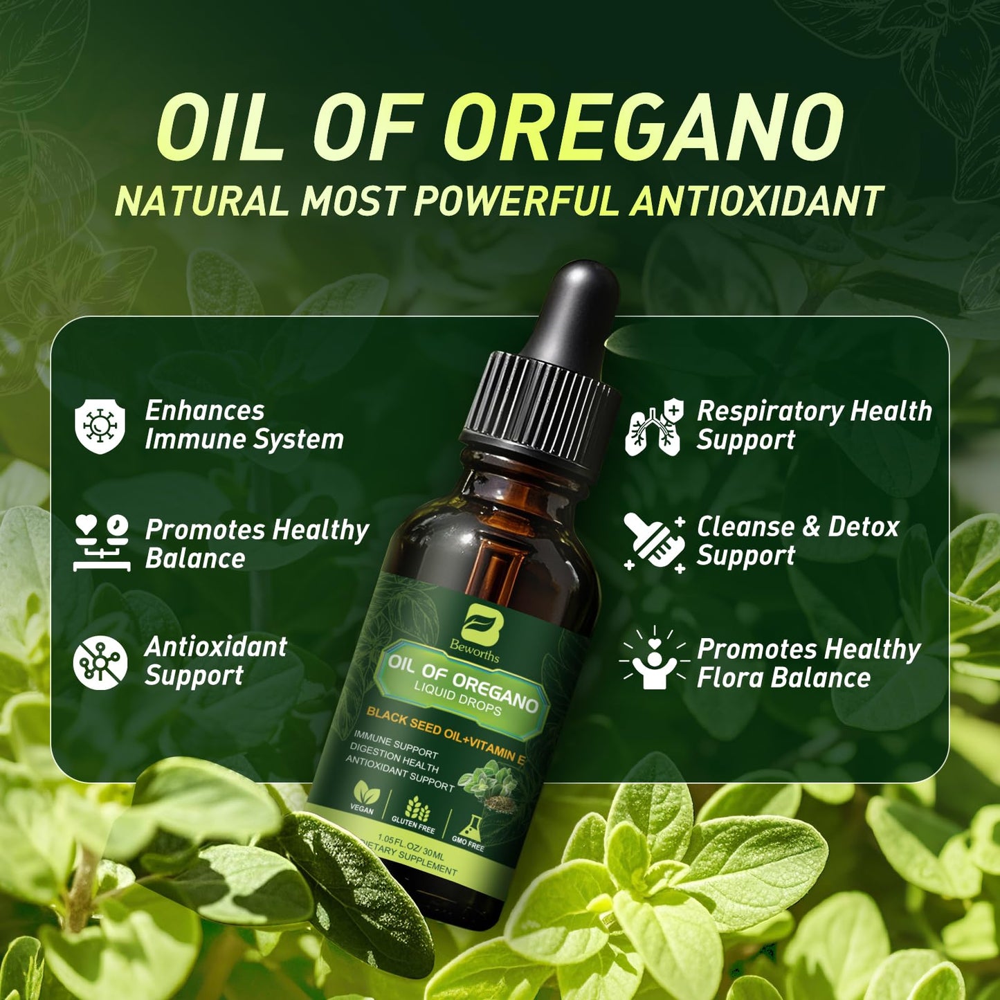 Oregano Oil Drops with Black Seed Oil & Vitamin E – Immune Support | Vegan & Non-GMO | 1 Fl Oz