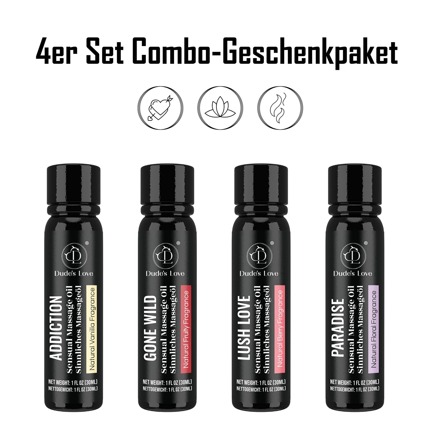 Organic Edible Massage Oil Set – 4 Travel-Size Bottles in Gift Box (Fractionated Coconut Oil)