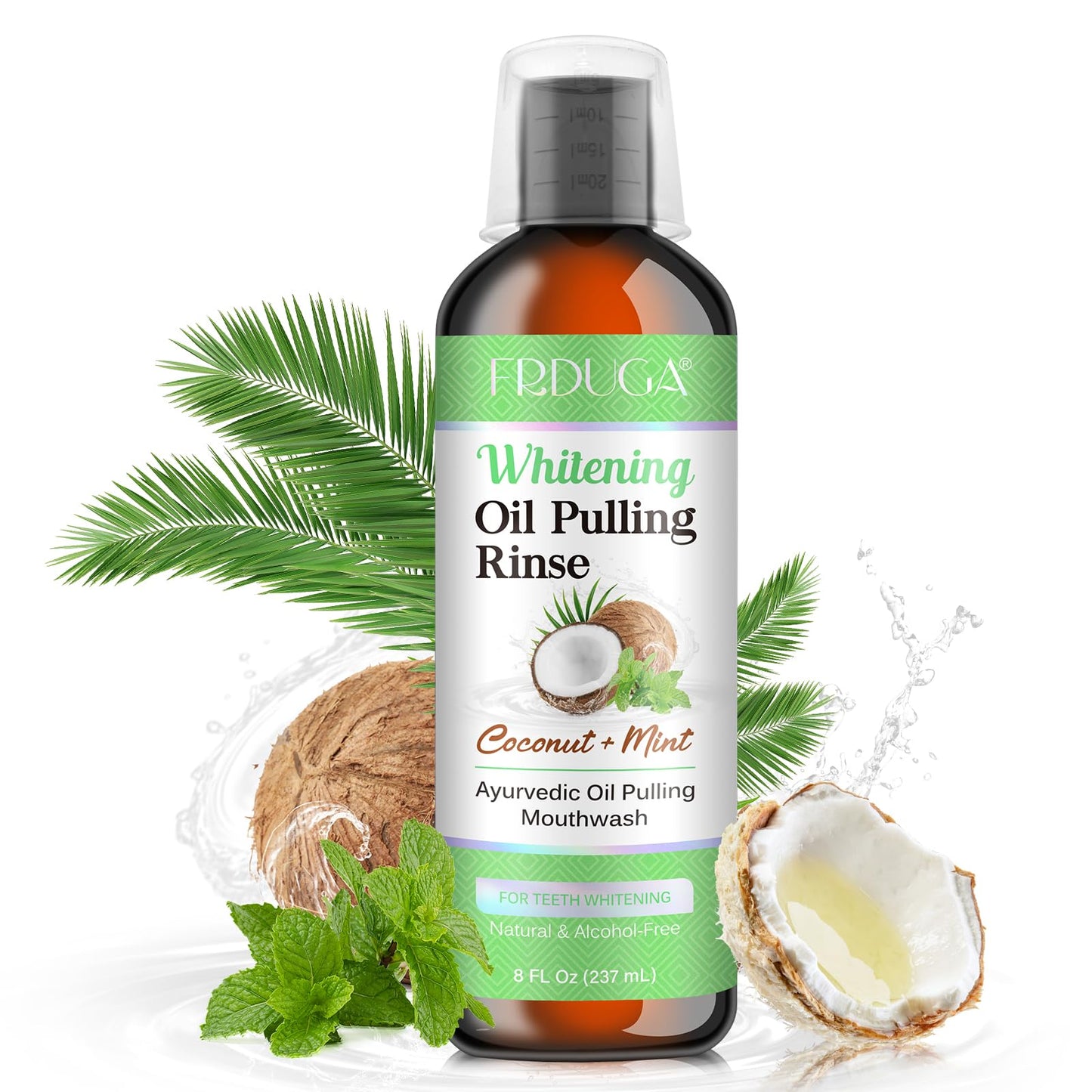 Oil Pulling Mouthwash with Coconut & Peppermint Essential Oils - Alcohol-Free, Vitamins D & E | Fresh Breath, Teeth Whitening, Gum Health | Tongue Scraper (8 Fl Oz)