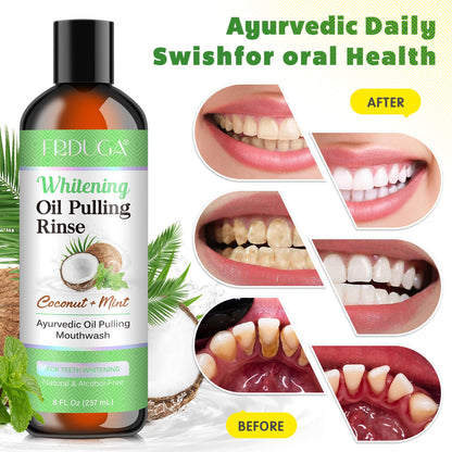Oil Pulling Mouthwash with Coconut & Peppermint Essential Oils - Alcohol-Free, Vitamins D & E | Fresh Breath, Teeth Whitening, Gum Health | Tongue Scraper (8 Fl Oz)