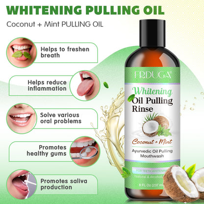 Oil Pulling Mouthwash with Coconut & Peppermint Essential Oils - Alcohol-Free, Vitamins D & E | Fresh Breath, Teeth Whitening, Gum Health | Tongue Scraper (8 Fl Oz)