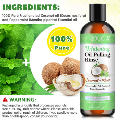 Oil Pulling Mouthwash with Coconut & Peppermint Essential Oils - Alcohol-Free, Vitamins D & E | Fresh Breath, Teeth Whitening, Gum Health | Tongue Scraper (8 Fl Oz)