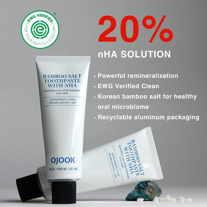 OJOOK Bamboo Salt Toothpaste with nHA – Fluoride Free, Whitening, Remineralizing, Peppermint & Pine | 3 oz