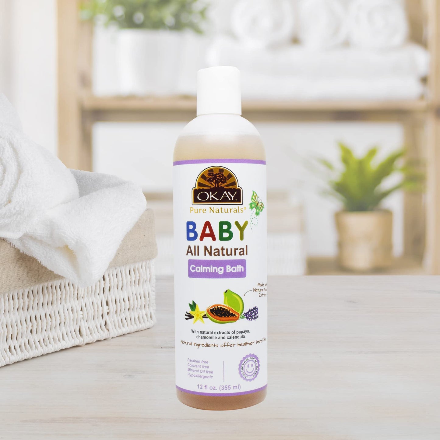 Okay Baby Calming Bath with Papaya Extract – 12 oz / 355 ml | Gentle, Soothing Baby Wash