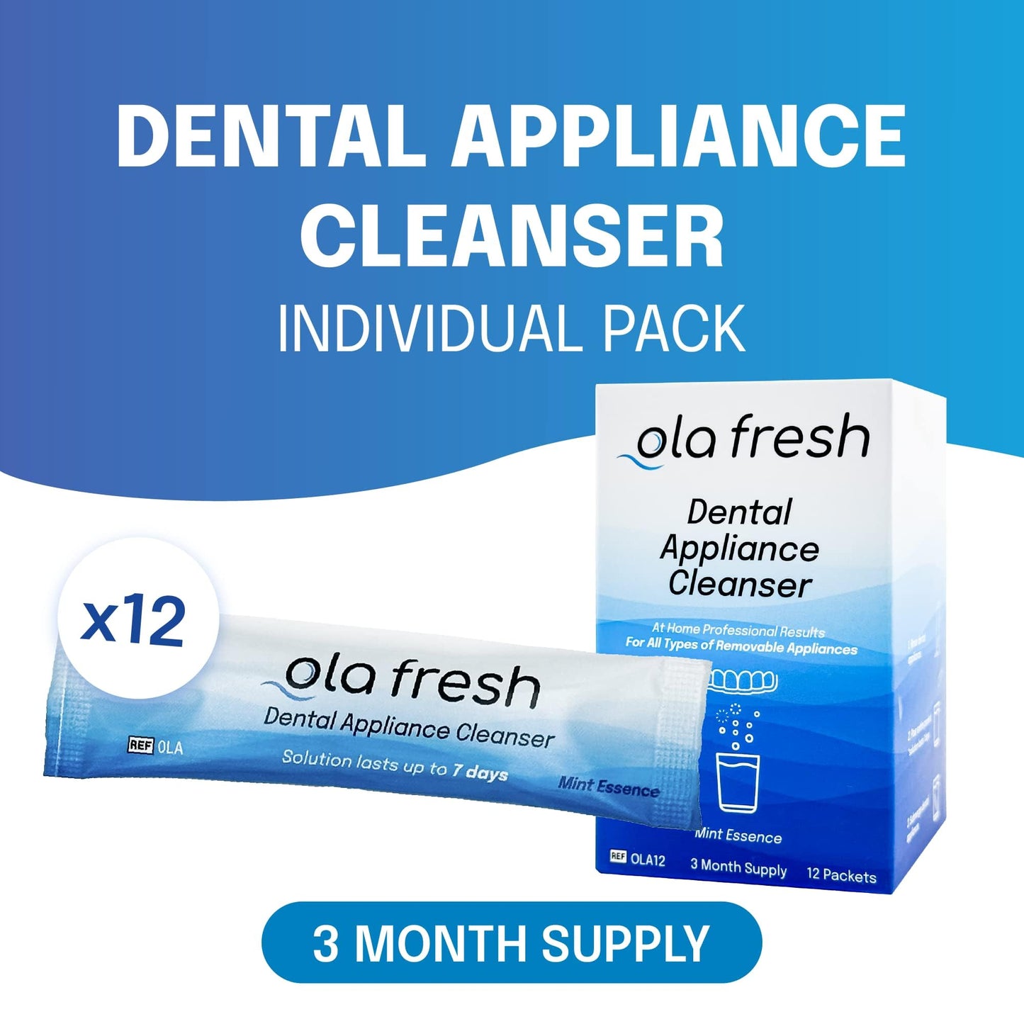Ola Fresh Dental Appliance Cleanser - Mint Powder for Dentures & Retainers | 24 Packets