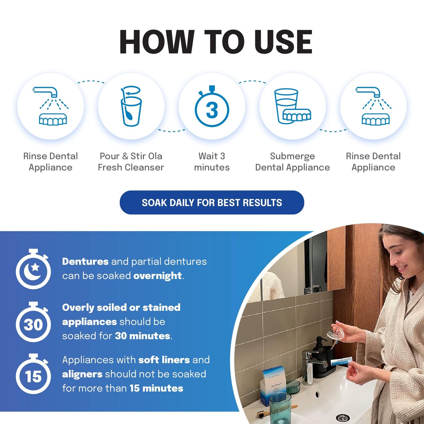 Ola Fresh Dental Appliance Cleanser - Mint Powder for Dentures & Retainers | 24 Packets