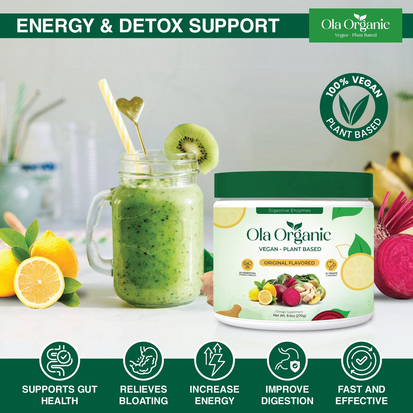 Ola Organic Greens Superfood Powder – 11 Cruciferous Vegetables, Immune Support, 270g Jar