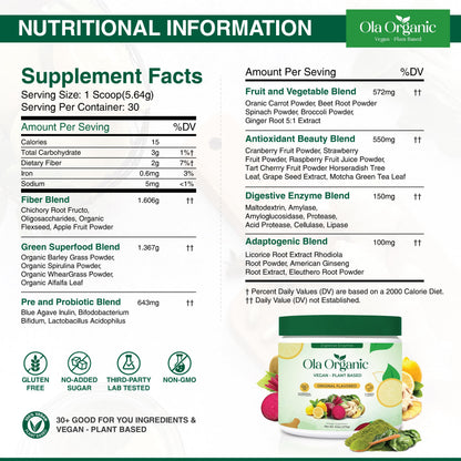 Ola Organic Greens Superfood Powder – 11 Cruciferous Vegetables, Immune Support, 270g Jar