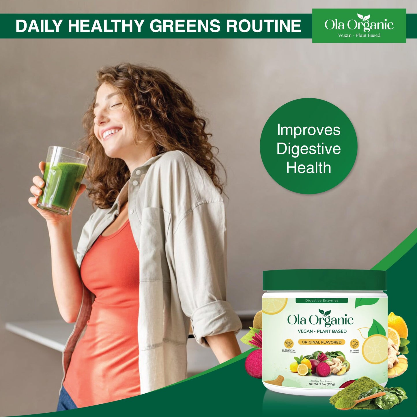 Ola Organic Greens Superfood Powder – 11 Cruciferous Vegetables, Immune Support, 270g Jar