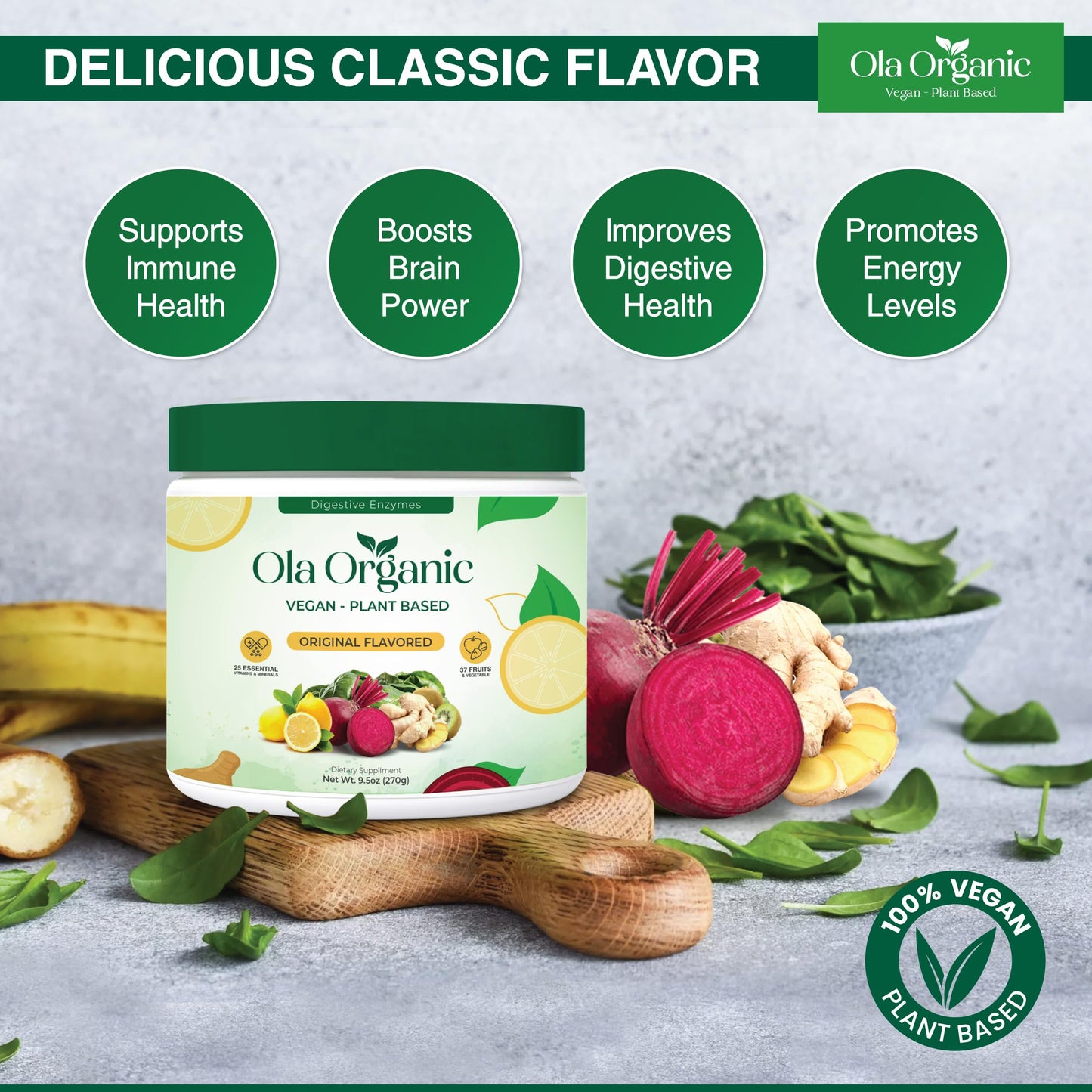 Ola Organic Greens Superfood Powder – 11 Cruciferous Vegetables, Immune Support, 270g Jar