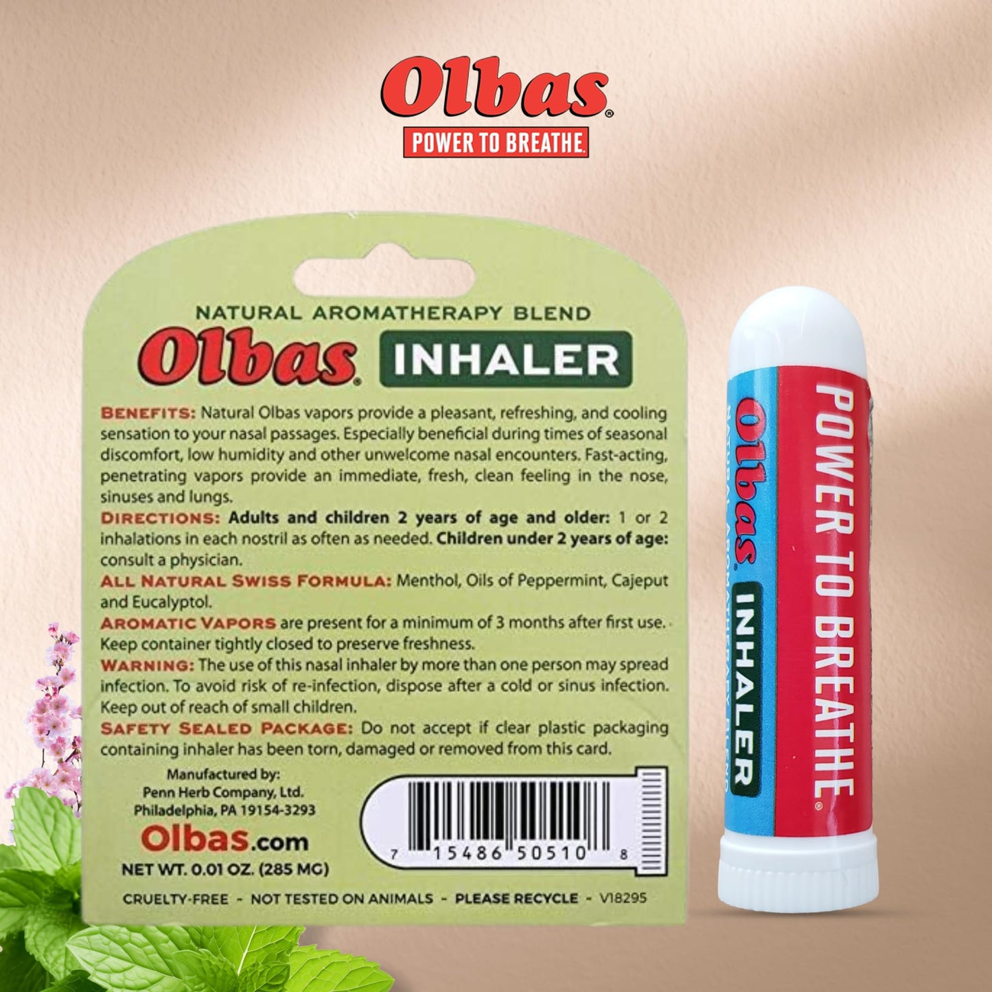 Olbas Inhaler Aromatherapy (285 mg) — Pocket-Sized Natural Essential Oil Inhaler for Clear Breathing