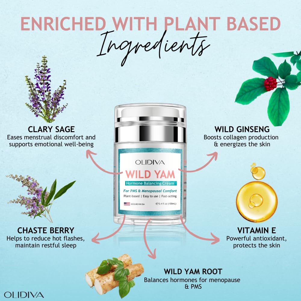 Olidiva Wild Yam Cream – Hormone Balance for Women | PMS & Menopause Support | 3.4 oz