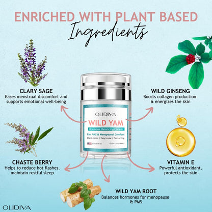 Olidiva Wild Yam Cream – Hormone Balance for Women | PMS & Menopause Support | 3.4 oz