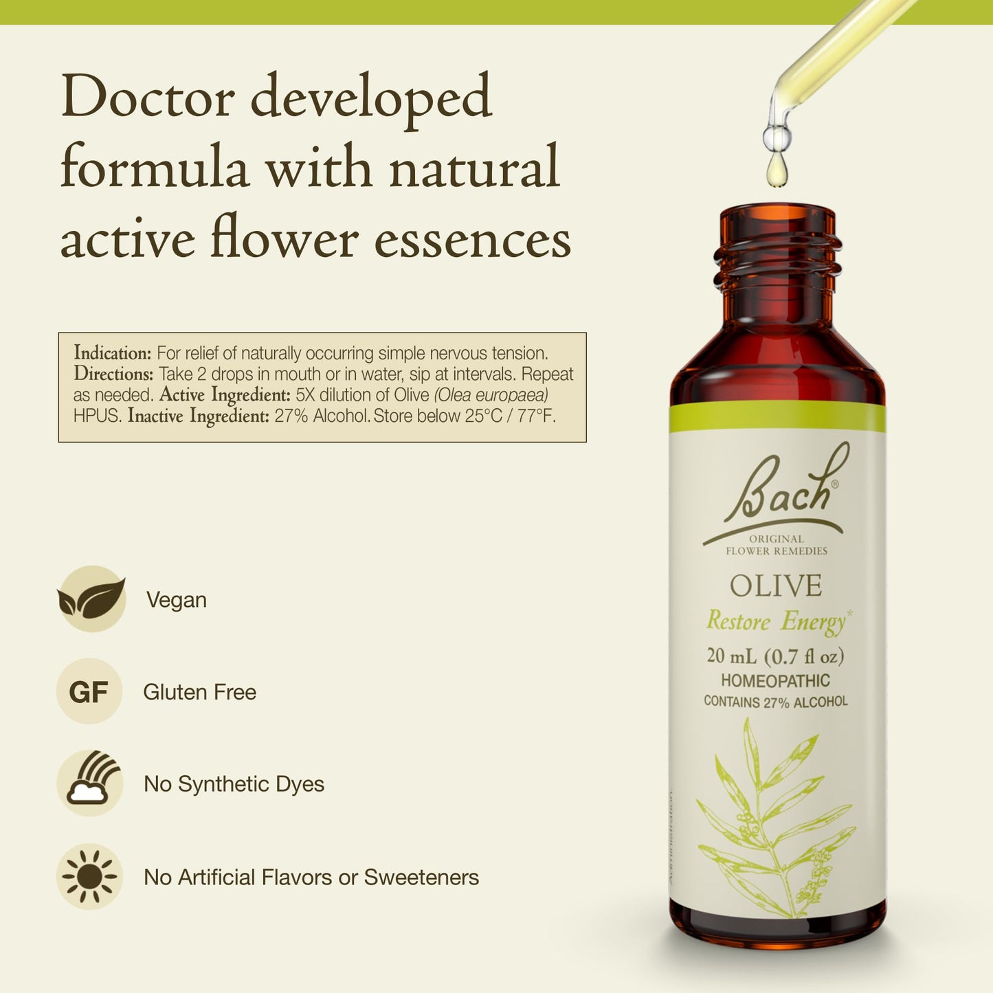 Bach Original Flower Remedies Olive – Restore Energy & Emotional Balance (20mL Dropper) – Vegan, Gluten Free, Sugar Free