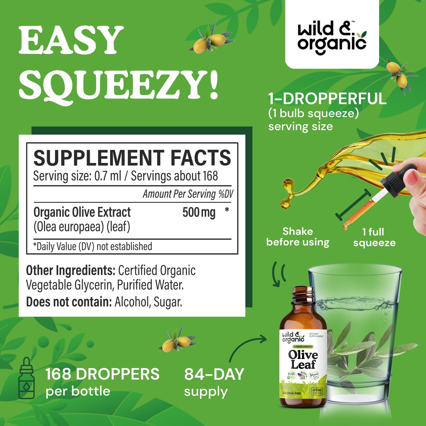 Wild & Organic Olive Leaf Liquid Extract – Immune Support | Vegan, Alcohol-Free | 4 fl oz