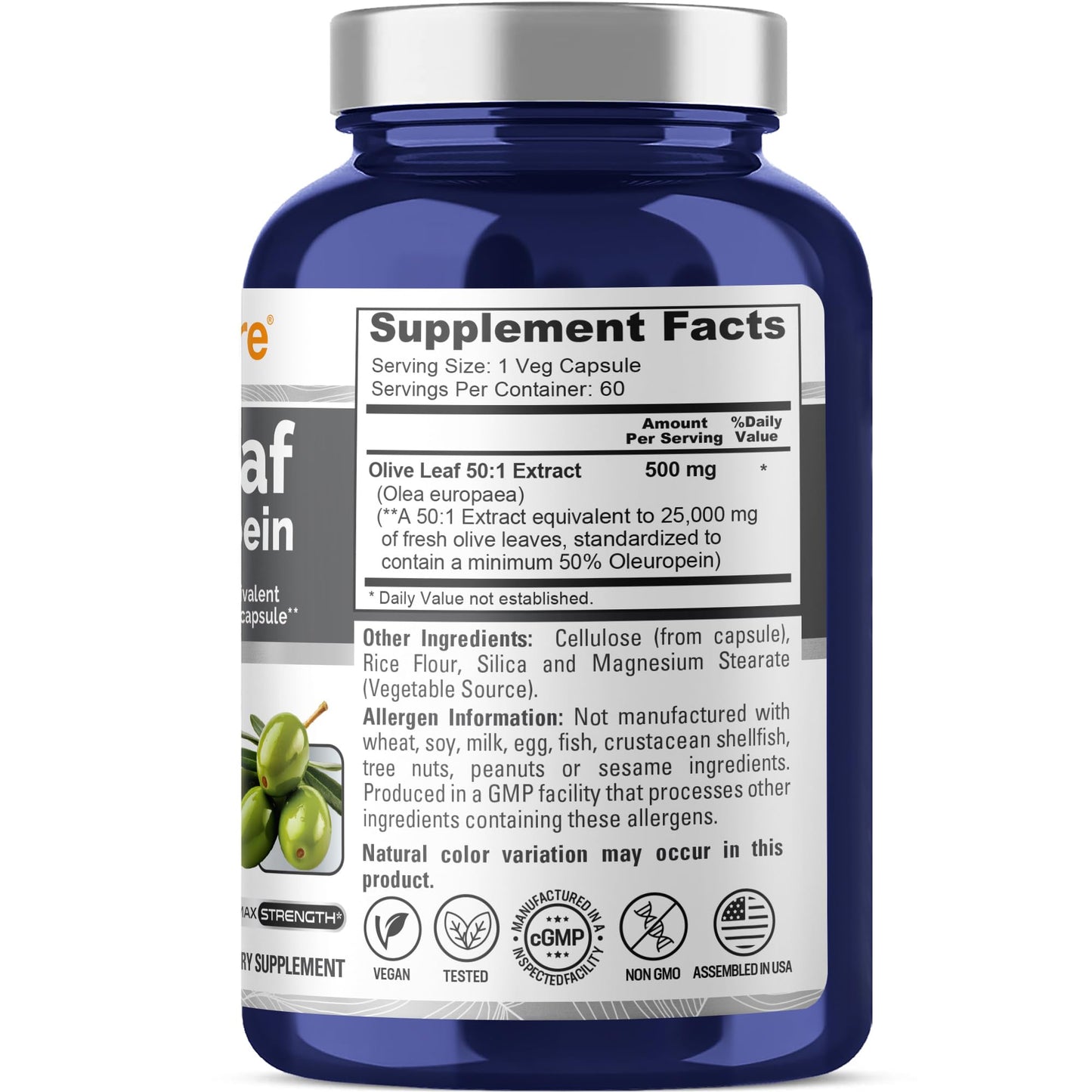 NusaPure Olive Leaf 50:1 Extract – 500 mg per Capsule (Equivalent to 25,000 mg) | 50% Oleuropein, Vegan, No Oil, 60 Capsules (Pack of 2)