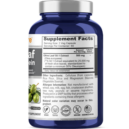 NusaPure Olive Leaf 50:1 Extract – 500 mg per Capsule (Equivalent to 25,000 mg) | 50% Oleuropein, Vegan, No Oil, 60 Capsules (Pack of 2)