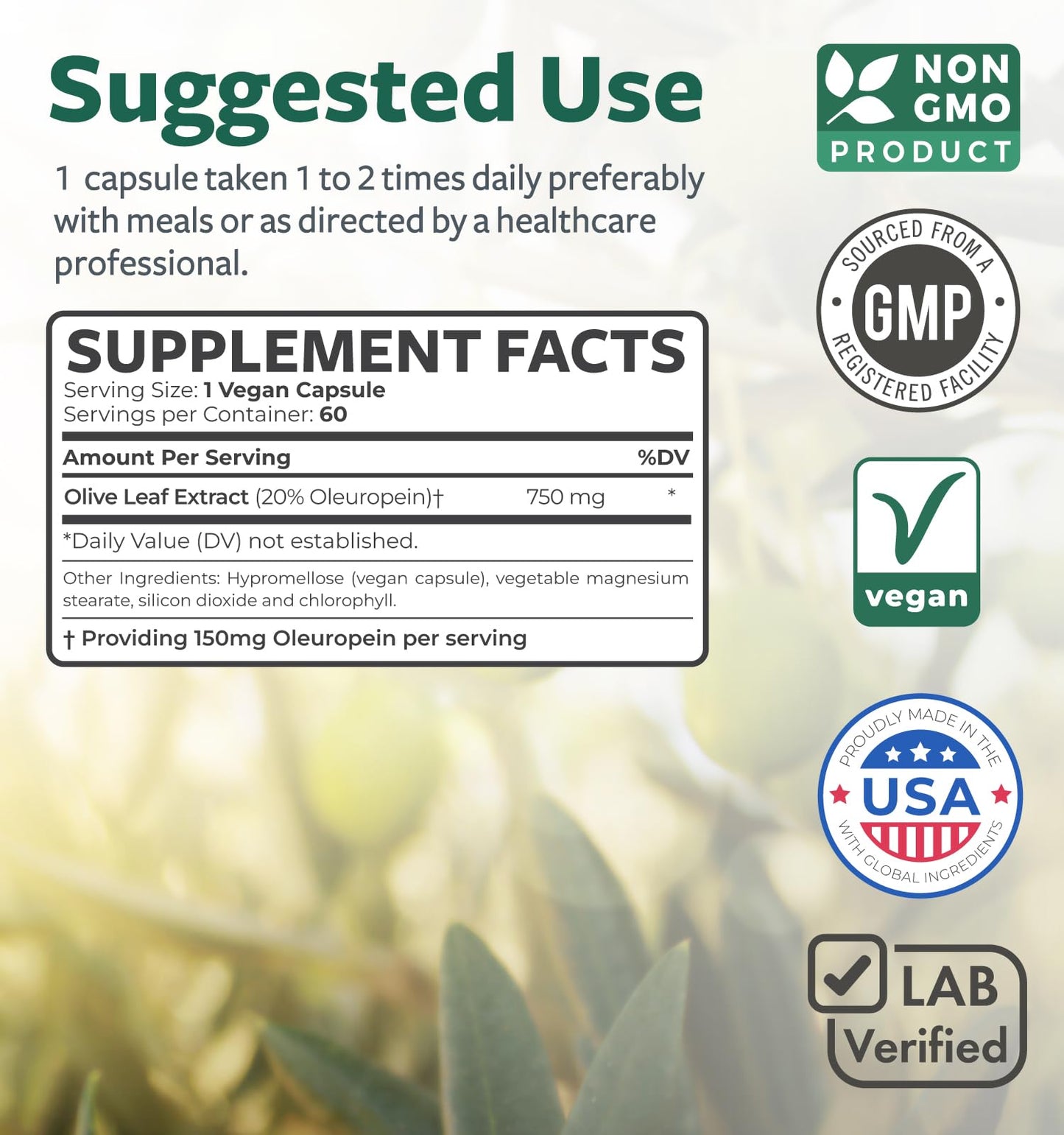 Super Strength Olive Leaf Extract Capsules – 750mg, 20% Oleuropein, Vegan & Non-GMO | Made in USA (2 Month Supply)