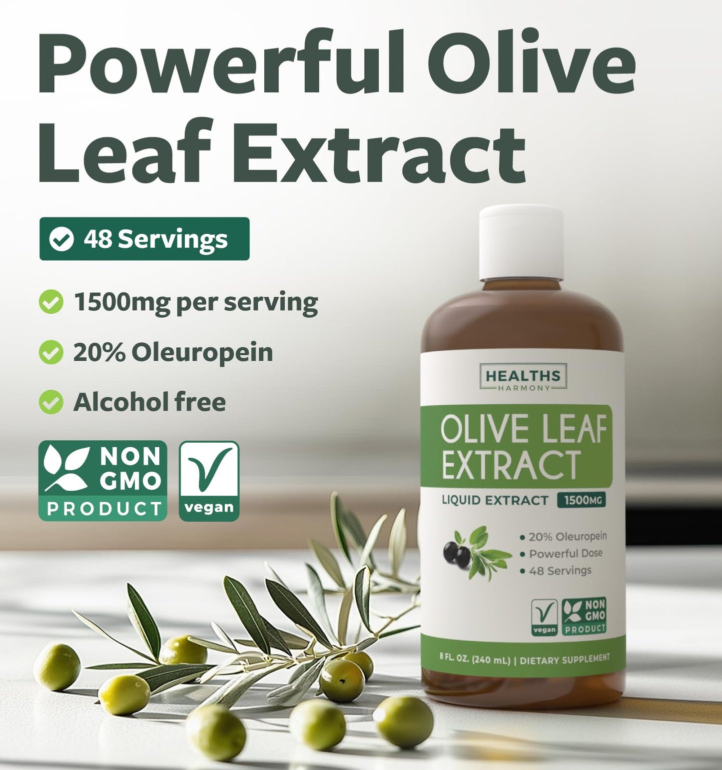 Olive Leaf Extract (Non-GMO) - 1500mg, 20% Oleuropein | Immune Support, Skin Health | Liquid Extract, 8 Fl Oz