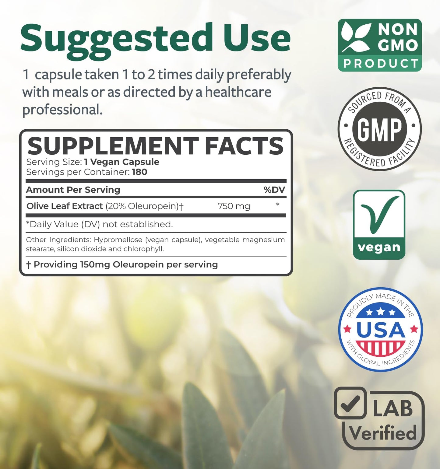 Olive Leaf Extract Capsules 750mg – 20% Oleuropein | Vegan, Non-GMO, Made in USA