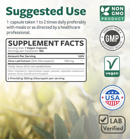 Olive Leaf Extract Capsules 750mg – 20% Oleuropein | Vegan, Non-GMO, Made in USA